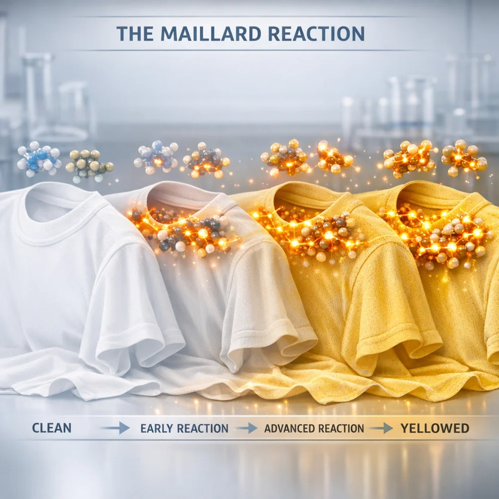 Molecular visualization of the 'Maillard Reaction'. Shows invisible sugar and lipid molecules on a stored shirt oxidizing over time and cross-linking to the cellulose, turning yellow. Glowing atomic bonds, time-lapse style highlights, clean lab aesthetic.