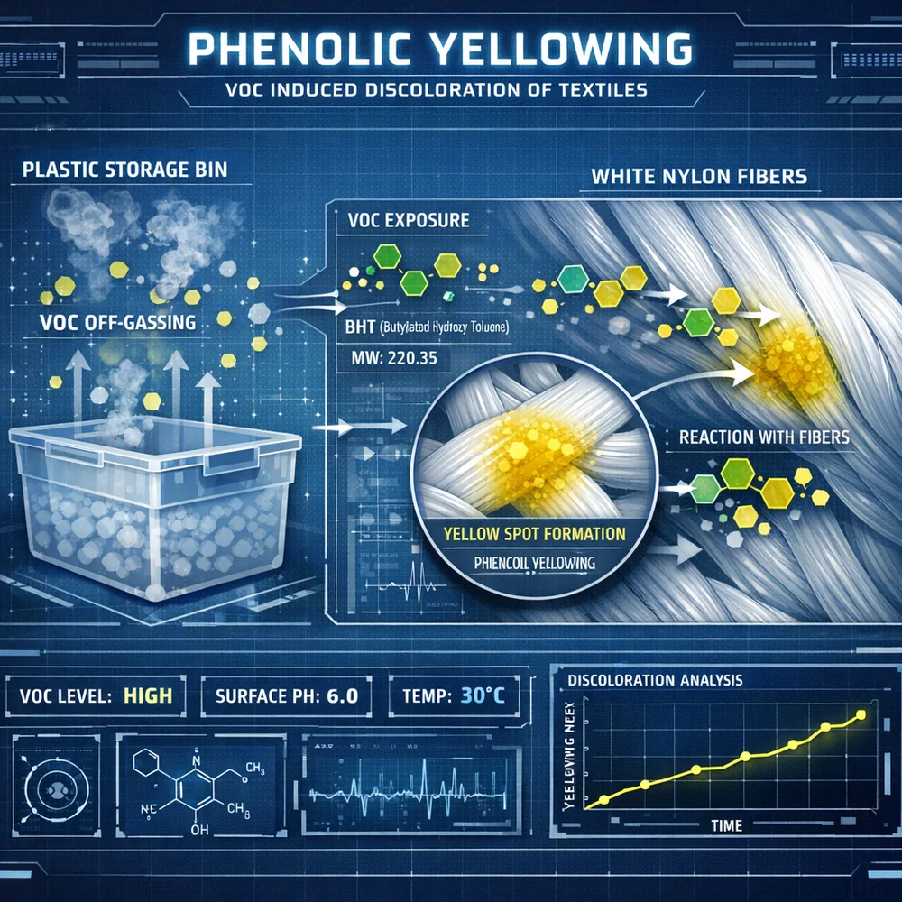 Technical illustration of 'Phenolic Yellowing'. Shows VOCs (BHT molecules) off-gassing from a plastic storage bin and attacking white nylon fibers, causing yellow spot formation. Technical engineering interface, clinical blue background, data overlay.