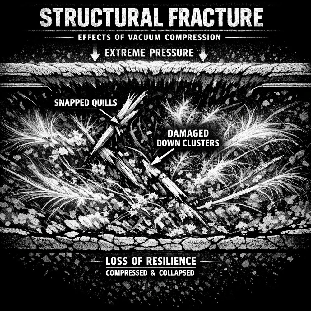 Cross-section of vacuum-compressed down feathers showing 'Structural Fracture'. The extreme atmospheric pressure causes the delicate quills to snap and the clusters to lose their spring-like recovery. High-contrast scientific rendering, 8k, cautionary tone.