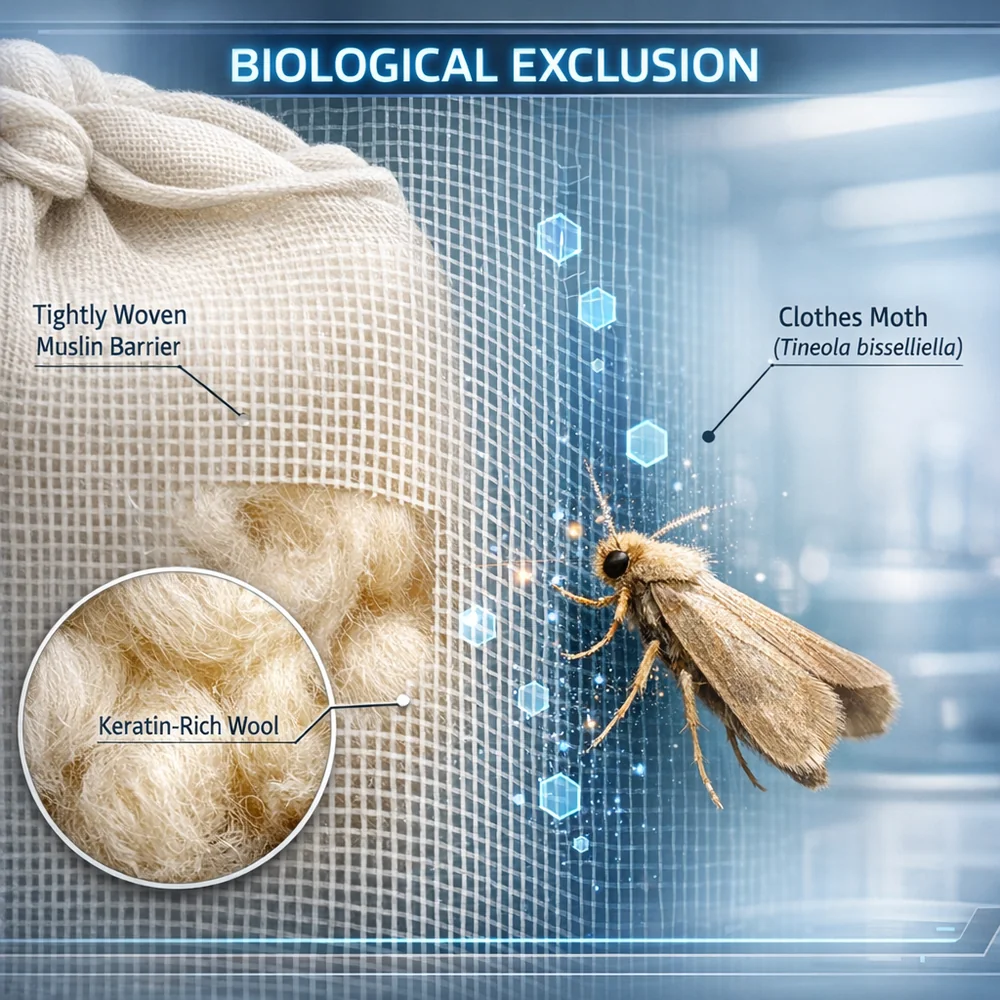Visual representation of 'Biological Exclusion'. Shows a tightly woven muslin storage bag acting as a mesh filter that prevents a moth (Tineola bisselliella) from reaching the keratin-rich wool inside. High-tech scientific visualization, sterile environment, clean and professional.
