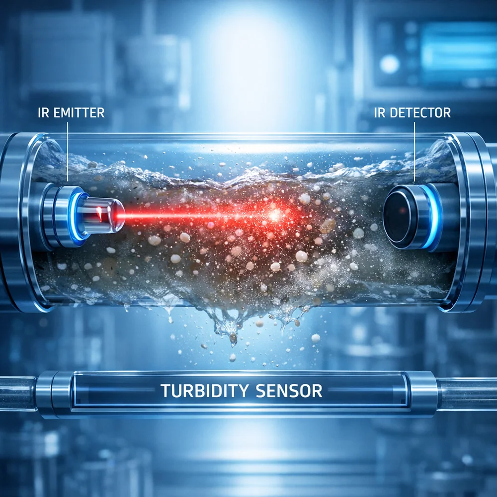 3D render of a turbidity sensor: an infrared LED emitter sending a beam through a flow of dirty water to a detector. Particle scattering is visible. High-tech medical animation style, clinical blue lighting.