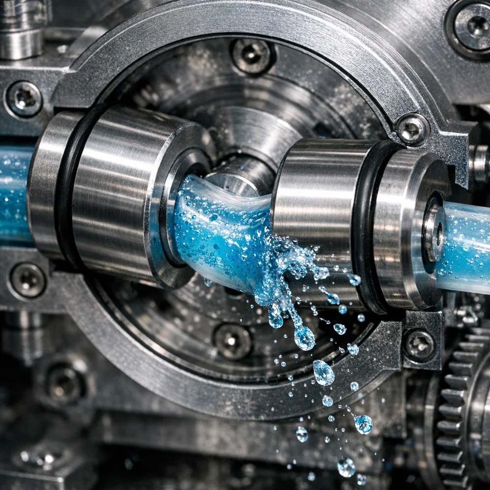 A peristaltic pump mechanism in action: rollers compressing a flexible silicone tube filled with blue detergent. Engineering detail, high-speed photography, industrial aesthetic.