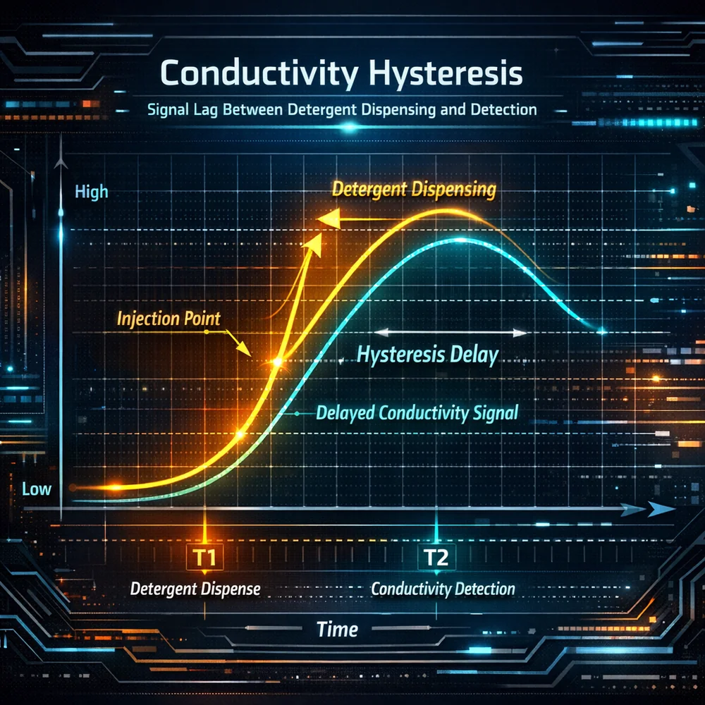 Graph-style visualization of Conductivity Hysteresis: signal lag between detergent dispensing and detection. High-tech data interface background, glowing neon lines, professional aesthetic.