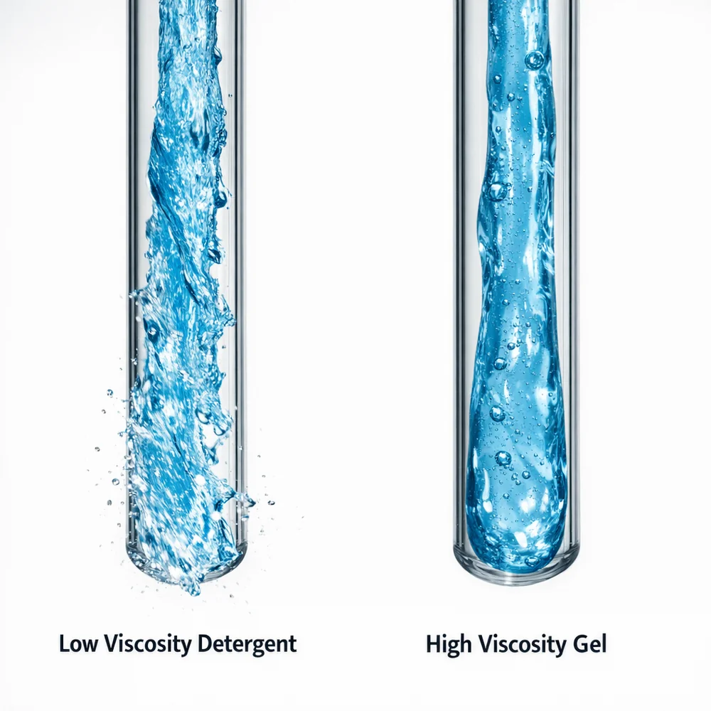 Side-by-side comparison of 'low viscosity' detergent flowing rapidly versus 'high viscosity' gel flowing slowly through identical tubes. High-speed scientific photography, clinical white background.