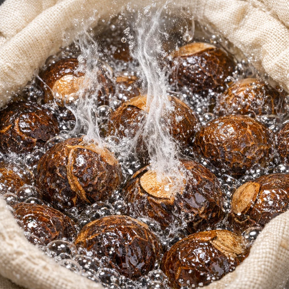 Extreme macro of multiple Sapindus mukorossi shells in a cotton bag, submerged in 90 C water. Visible trails of escaping saponins. High-speed clinical photography, 8k.