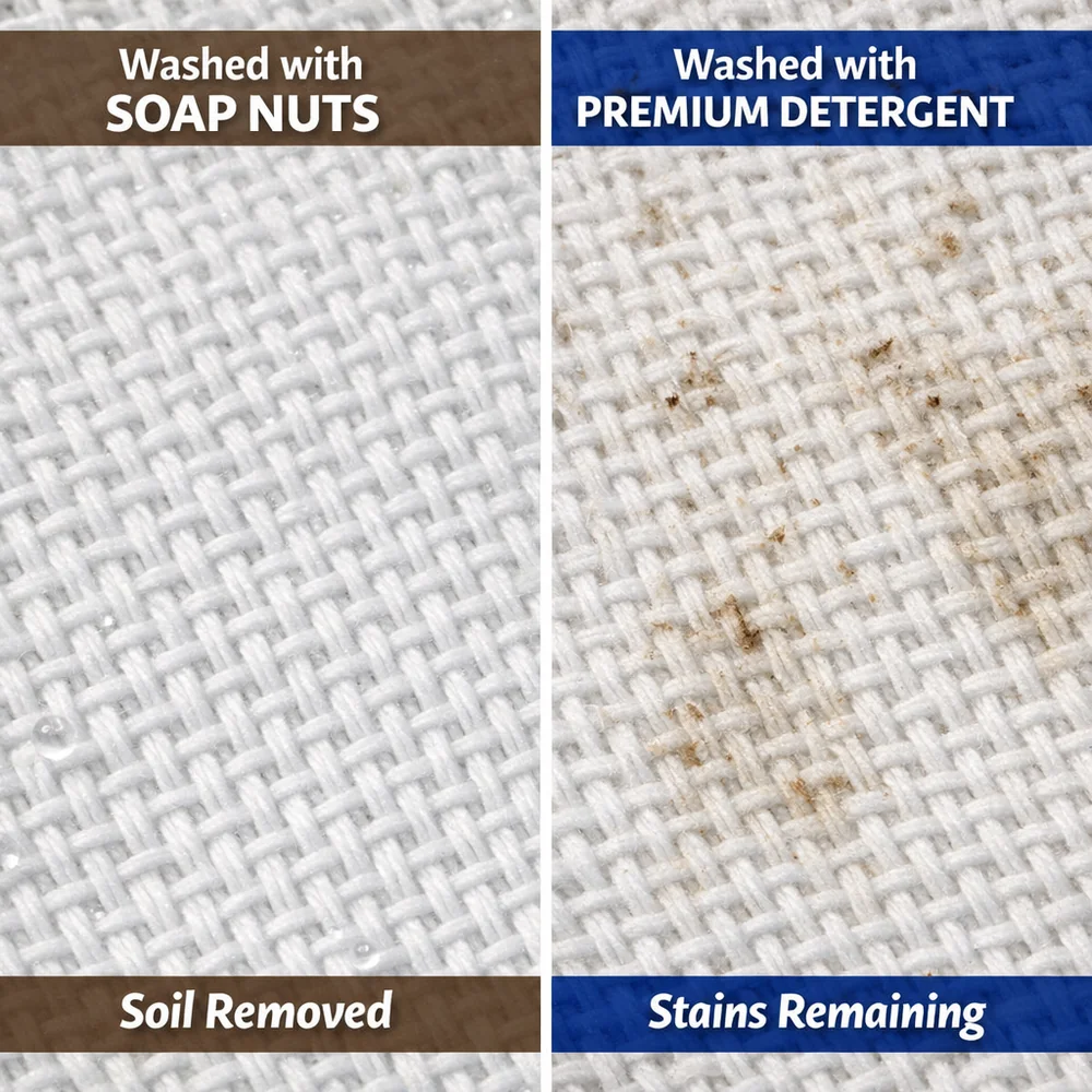 Side-by-side scientific comparison: fabric washed with soap nuts vs fabric washed with premium detergent. Macro detail showing soil removal vs stain persistence. Technical contrast.