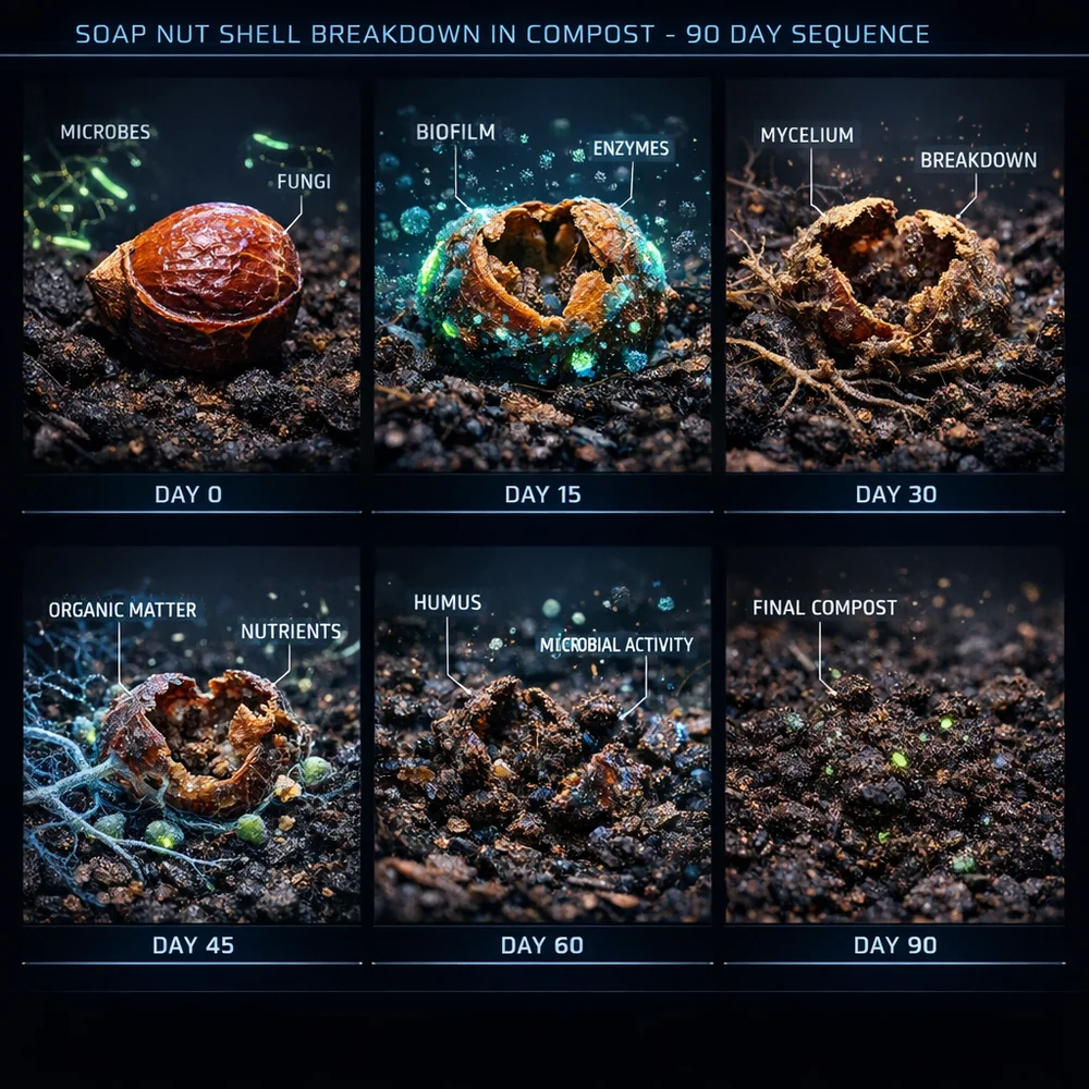 Time-lapse style sequence of a soap nut shell breaking down in garden compost over 90 days. High-tech biological visualization, clinical dark background.