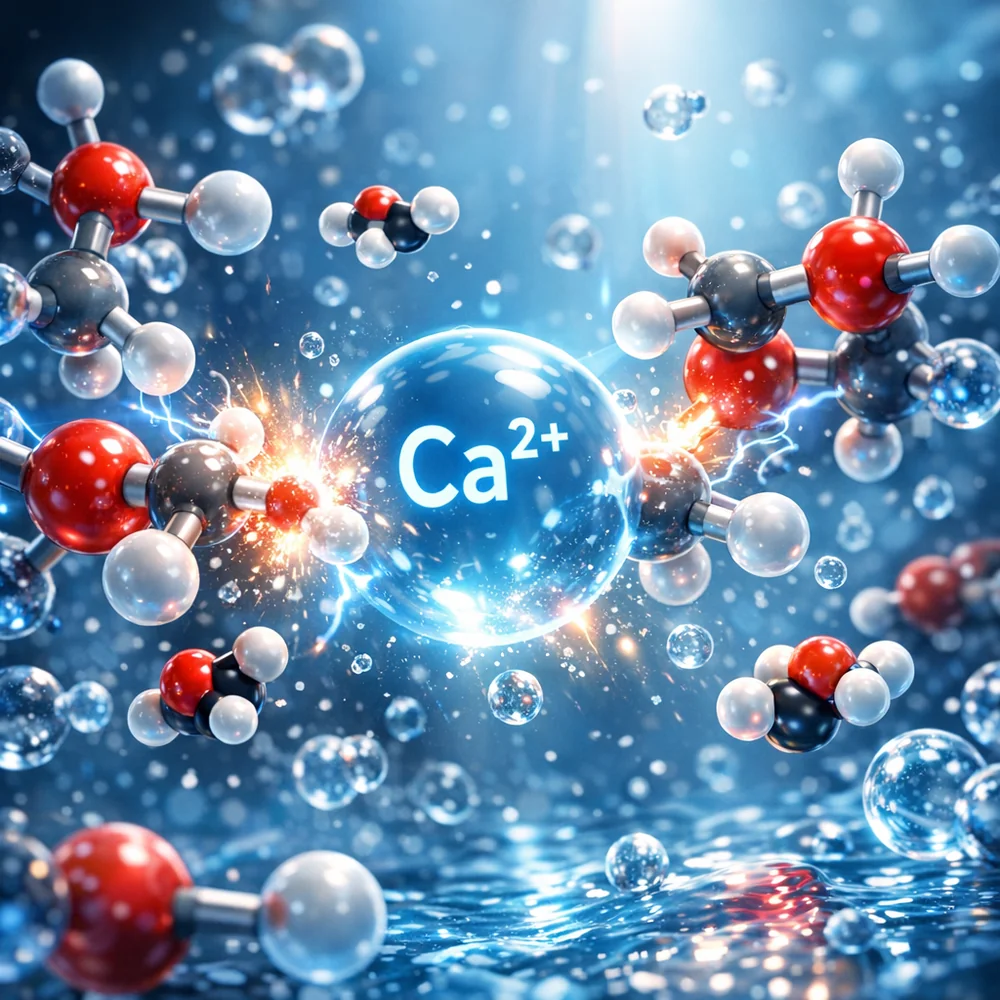 Molecular visualization of acetic acid (vinegar) molecules neutralizing calcium ions in hard water. High-tech medical animation style, vibrant colors, clinical lighting.