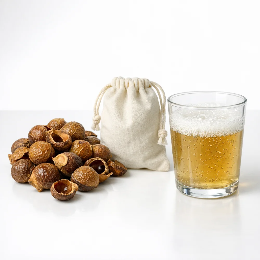 Product setup showing raw Sapindus mukorossi shells, a small muslin bag, and a clear glass of soapy 'tea' extraction. Clinical lighting, soft technical aesthetic.