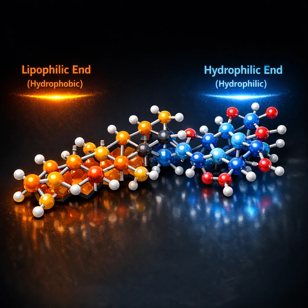Molecular 3D model of a triterpenoid saponin molecule, highlighting the lipophilic and hydrophilic ends. Vibrant colors, clinical dark background, high-contrast.