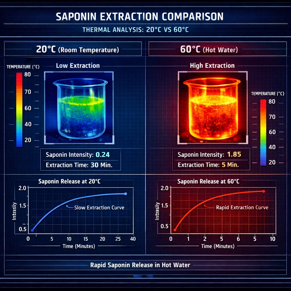 Thermal image comparison of saponin release at 20 C vs 60 C. Highlighting the rapid extraction in hot water. Technical diagnostic aesthetic, data overlay.