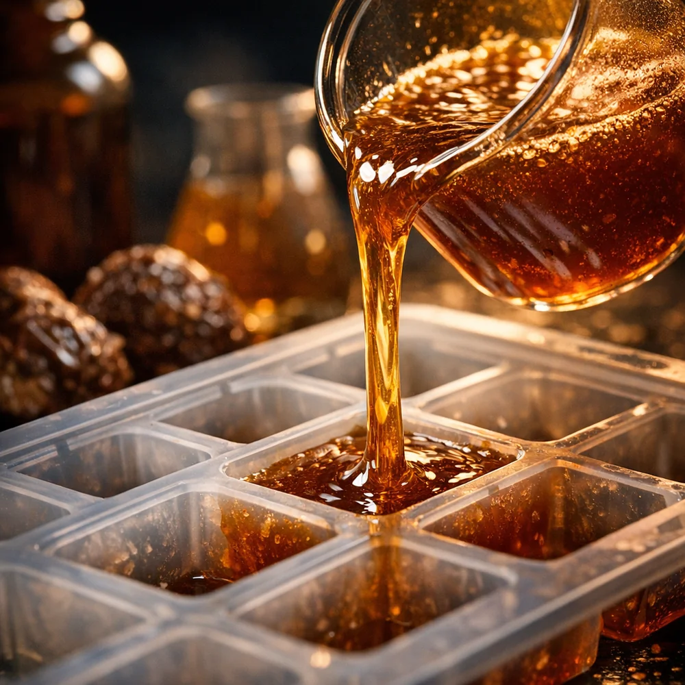 Macro shot of a soap nut liquid concentrate being poured into an ice cube tray for freezing. Artistic laboratory photography, cinematic lighting, 8k.