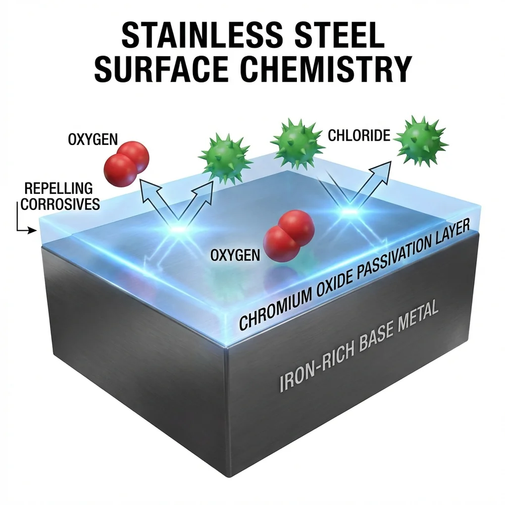 Illustration of the microscopic chromium oxide layer protecting a stainless steel surface from oxygen.