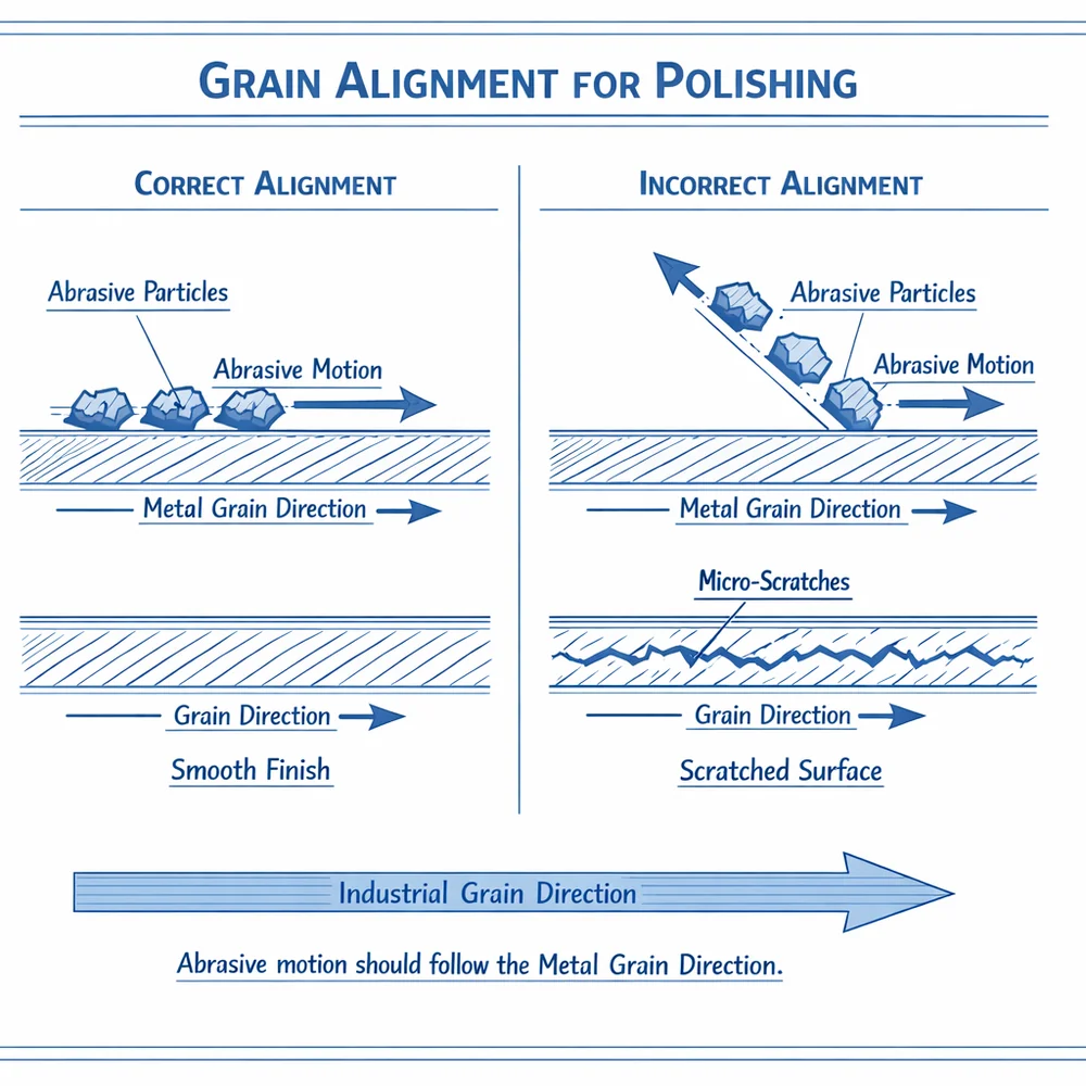 Technical diagram of 'Grain Alignment' for polishing. illustrates how abrasive particles must move in the same direction as the metal's industrial grain to avoid micro-scratches. Engineering schematic, direction vectors, clinical blue.