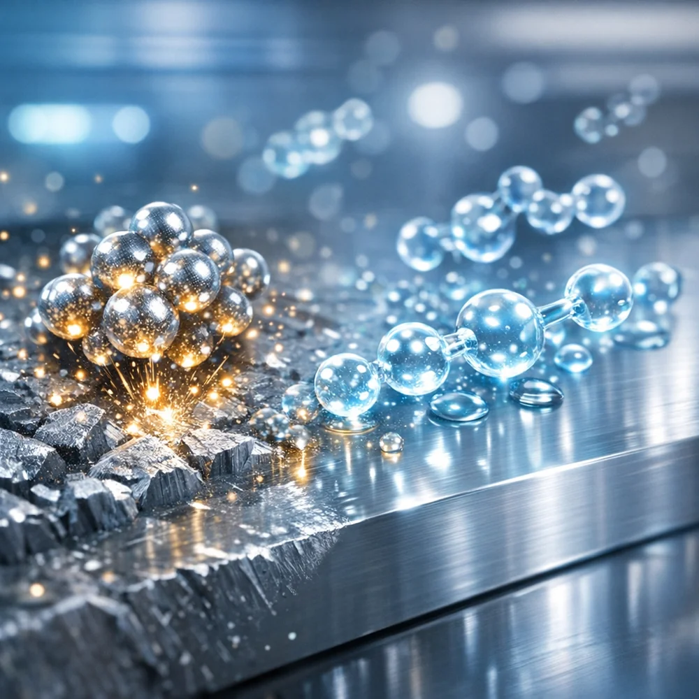 Molecular visualization of 'Polishing Compounds' (Alloys and Oils). shows fine abrasive particles and oil molecules smoothing the metal's surface texture. High-tech medical animation style, glowing chemical particles, clean lab aesthetic.