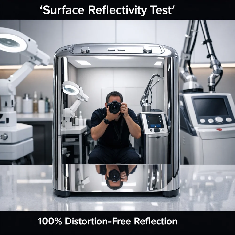 Laboratory photograph of 'Surface Reflectivity Test'. shows a stainless steel appliance showing 100% distortion-free reflection after professional polishing. High-tech medical aesthetic, professional lighting, 4k.