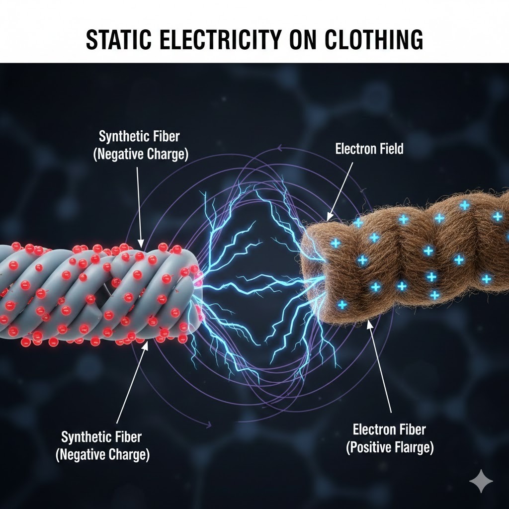Scientific illustration of the 'Triboelectric Effect' between a nylon fiber and a polyester fabric. 3D visualization showing the migration of electrons (yellow sparks) from one surface to the other. High-tech data overlay, dark blue aesthetic, clinical style.