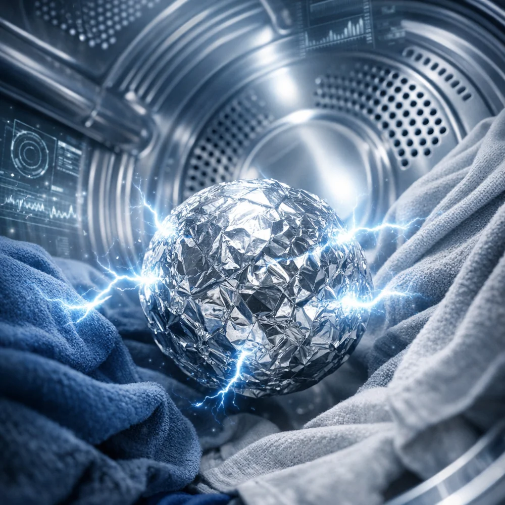 Dynamic 3D render of an aluminum foil ball tumbling in a dryer drum. Glowing static charges on the clothes are seen jumping to the conductive metal surface. Visual representation of charge equalization. High-tech interface background, professional clinical lighting.
