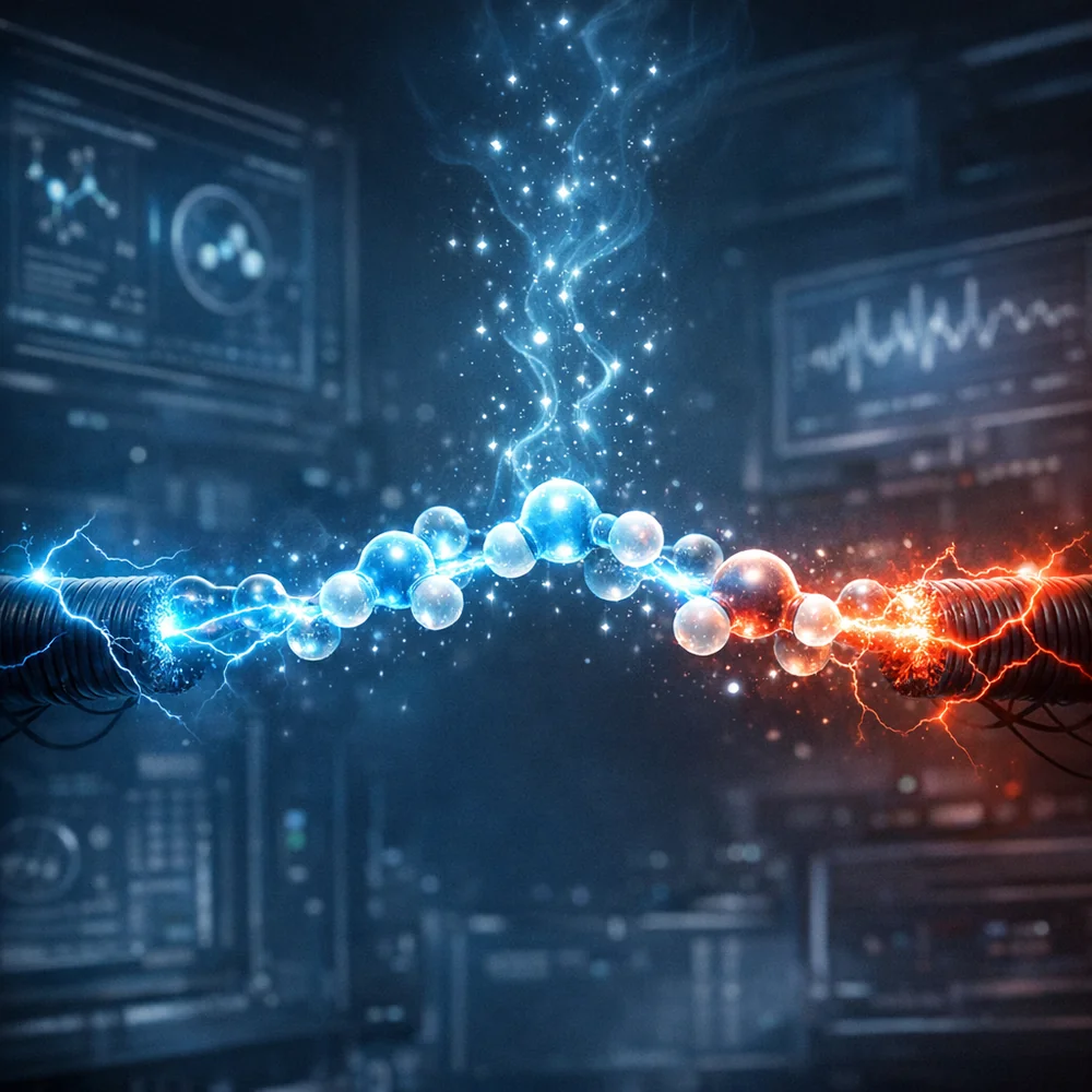 Molecular visualization of water vapor molecules (H2O) forming a conductive bridge between charged fibers, allowing electrons to dissipate into the air. High-tech scientific rendering, glowing water molecules, dark laboratory interface.