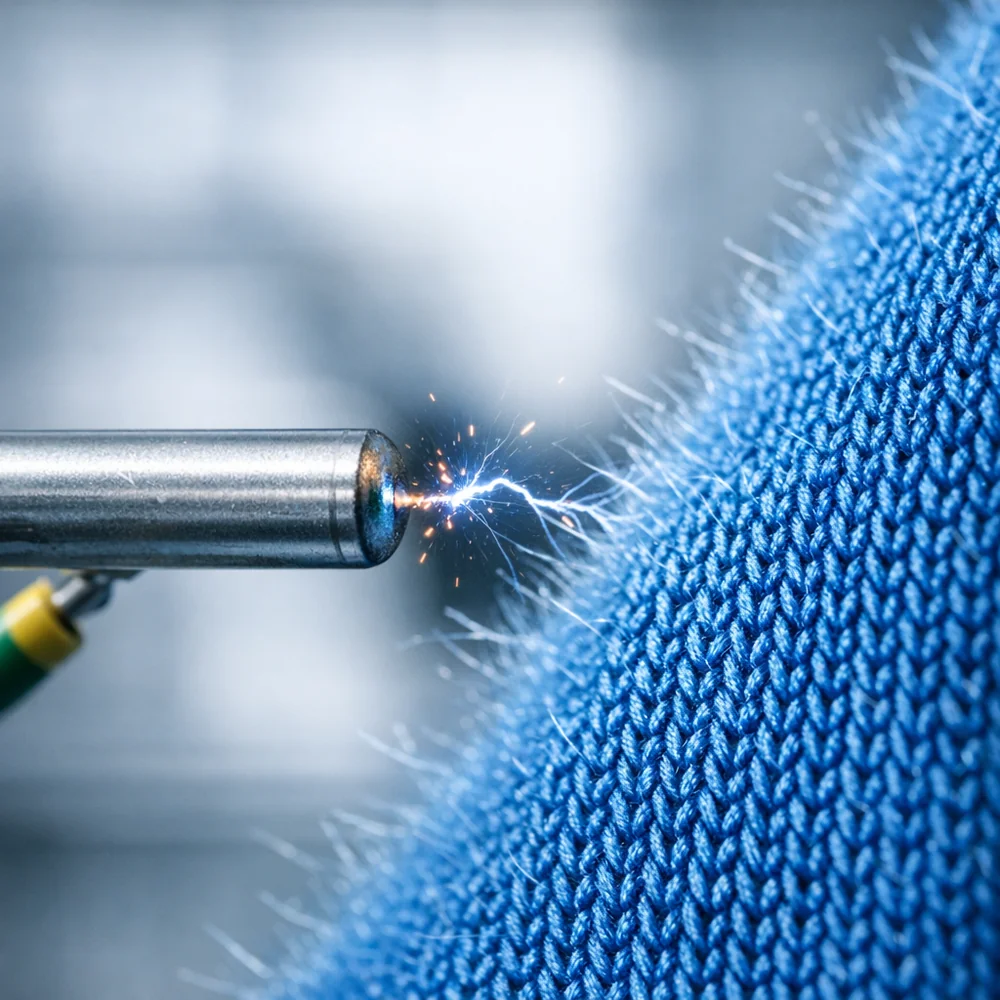 Clinical laboratory photograph of a grounded metal rod being brought near a highly charged synthetic garment. A visible tiny spark (arc discharge) occurs as the charge is neutralized. Sharp focus, high-speed photography, 8k, professional scientific aesthetic.