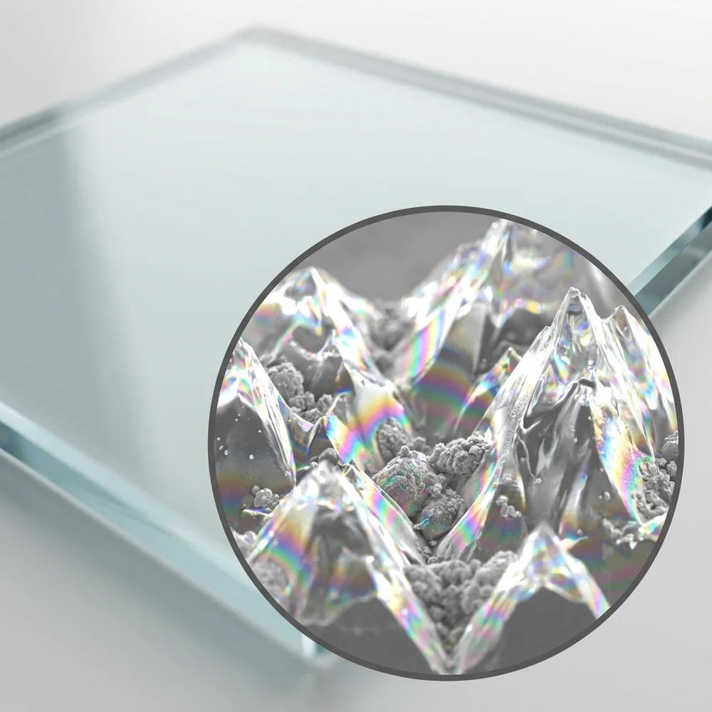 Magnified cross-section of a glass plane showing microscopic peaks and valleys trapping dirt.