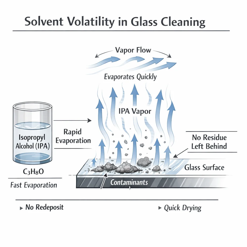 Technical diagram of 'Solvent Volatility' for glass cleaning. illustrates how Isopropyl Alcohol (IPA) evaporates quickly, removing contaminants without redeposit. Engineering schematic, vapor-flow vectors, clinical white background.