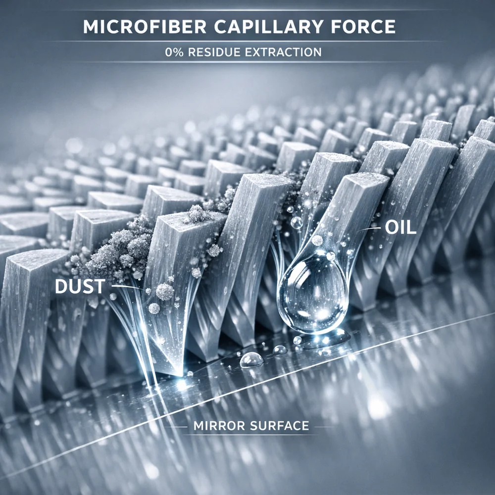 Molecular visualization of 'Microfiber Capillary Force'. shows microscopic wedge-shaped fibers lifting dust and oil from a mirror surface with 0% residue. High-tech medical animation style, clinical grey and blue, 4k.