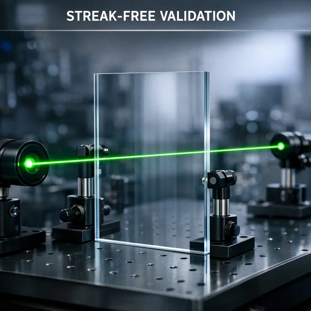 Laboratory photograph of 'Streak-Free Validation'. shows a laser beam passing through a glass surface showing zero scattering and total transparency. technical optics visualization, professional lighting, photorealistic 8k.