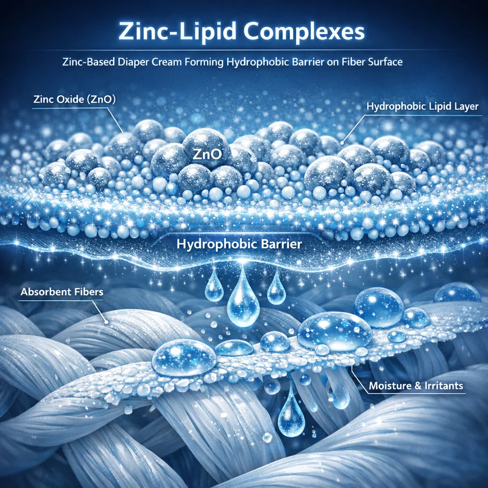 Scientific representation of 'Zinc-Lipid Complexes'. Shows how zinc-based diaper creams form water-insoluble hydrophobic barriers on insert fibers. High-tech scientific rendering, shimmering molecular layer, clinical blue aesthetic.