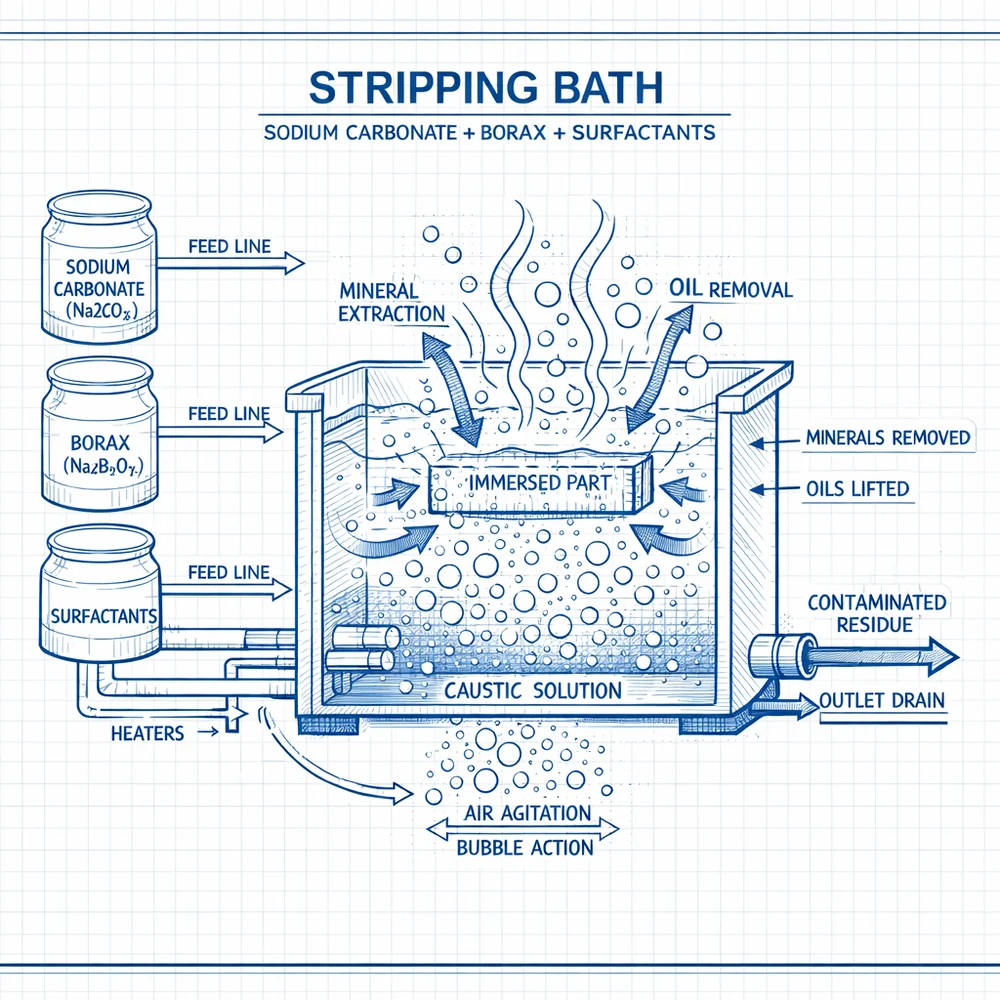 Technical diagram of a 'Stripping Bath'. shows the combination of sodium carbonate, borax, and surfactants aggressively extracting embedded minerals and oils. Engineering blueprint style with flow markers, clinical white.