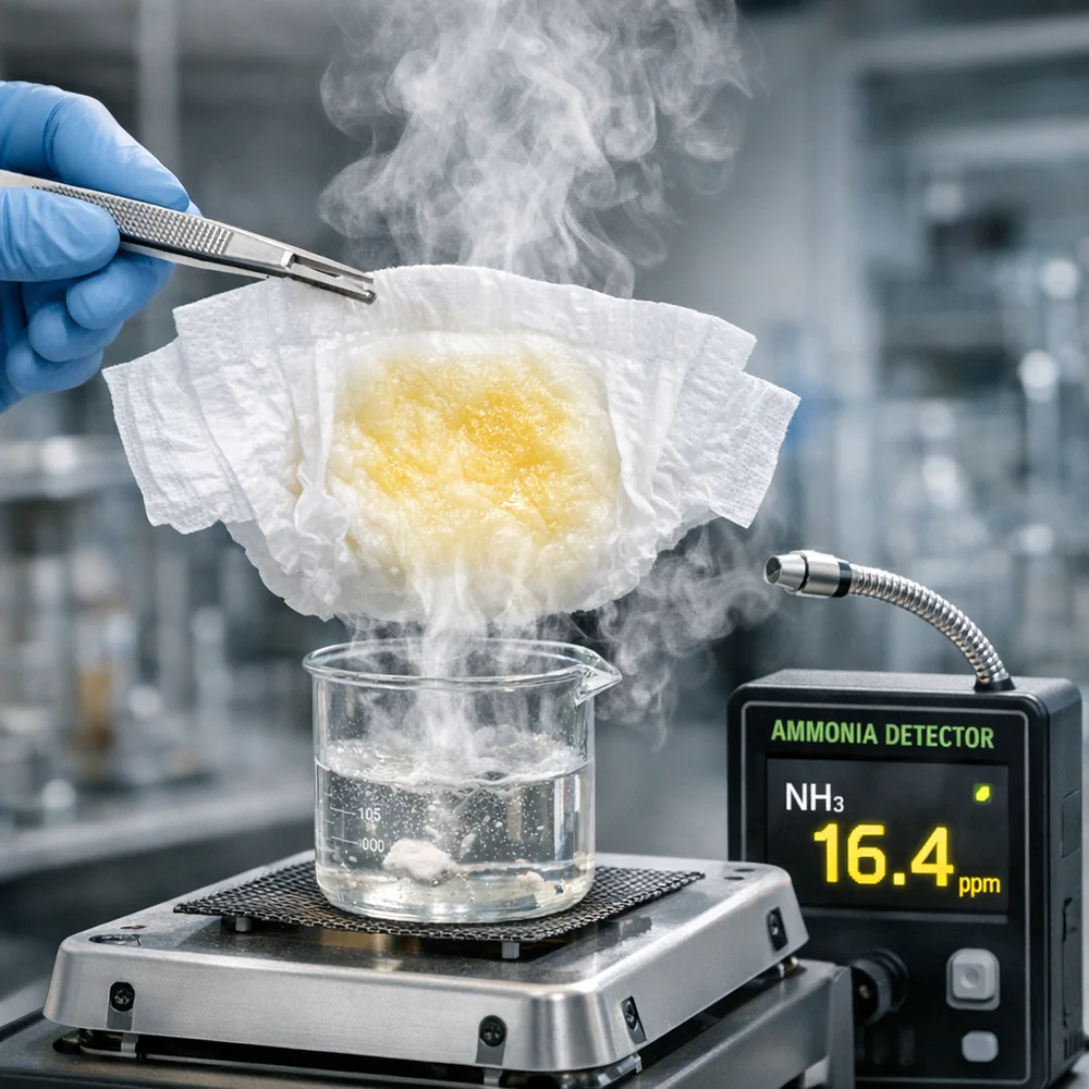 Professional laboratory photograph of a 'Smell Test' diagnostic. shows a diaper insert being heated with steam to release volatile ammonia gases for detection. High-speed scientific photography, clinical lighting, 8k.