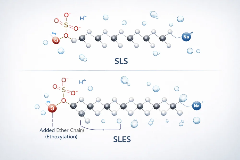 Comparative 3D molecular model of Sodium Lauryl Sulfate (SLS) and Sodium Laureth Sulfate (SLES). Highlighting the added ethoxy groups in SLES. High-tech medical animation style, glowing chemical bonds, clean lab aesthetic, 4k.