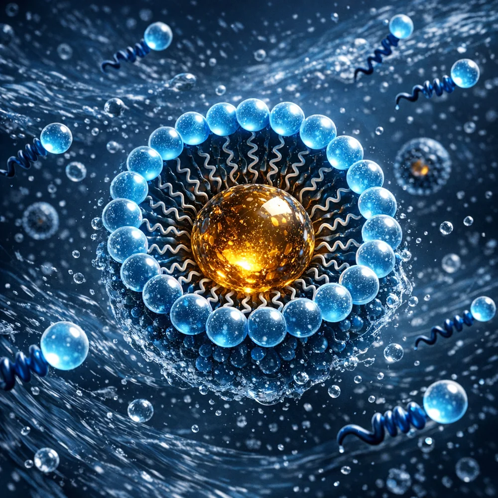 Visualization of micelle formation in water. Individual surfactant molecules spontaneously organizing into a spherical cluster with oil trapped in the hydrophobic core. High-tech scientific rendering, fluid dynamics, dark blue aesthetic, 4k.