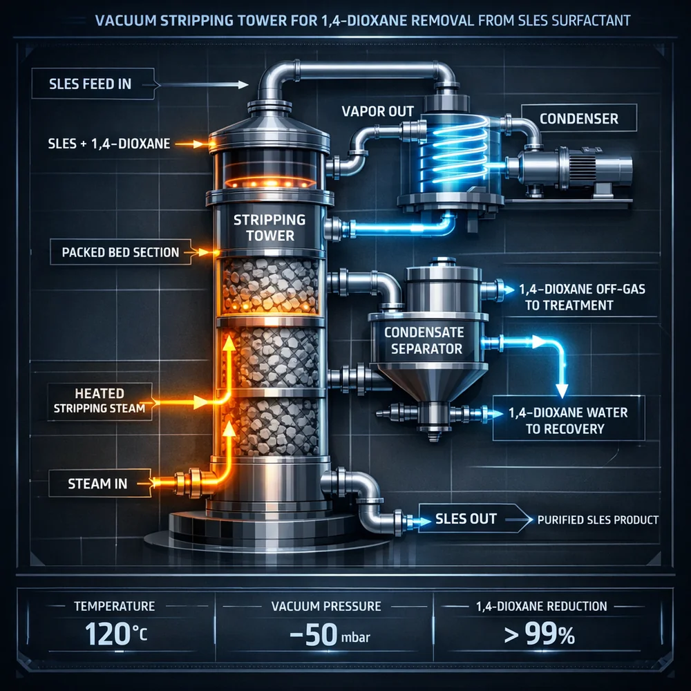 Industrial engineering diagram of a vacuum stripping tower used to remove 1,4-dioxane from SLES surfactants. 3D render with technical labels, glowing fluid paths, sleek high-tech interface style.