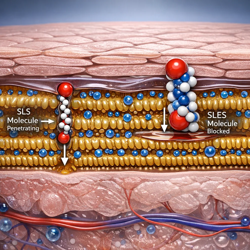 Cross-section 3D visualization of the skin barrier (stratum corneum). Showing the smaller SLS molecule penetrating the lipid layers while the larger SLES molecule is hindered. High-tech medical animation, clinical tone, sharp detail.