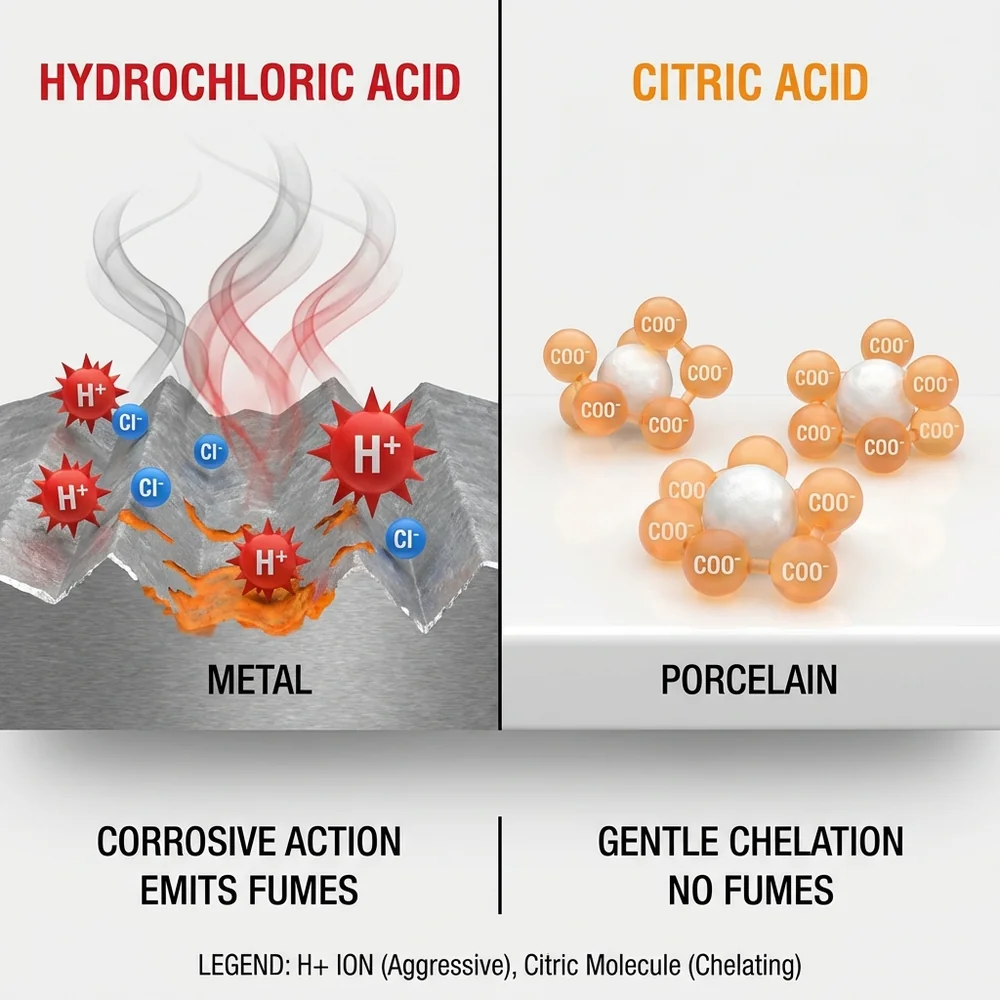 Graphic comparing aggressive hydrochloric acid molecules attacking metal versus mild citric acid molecules sequestering minerals.