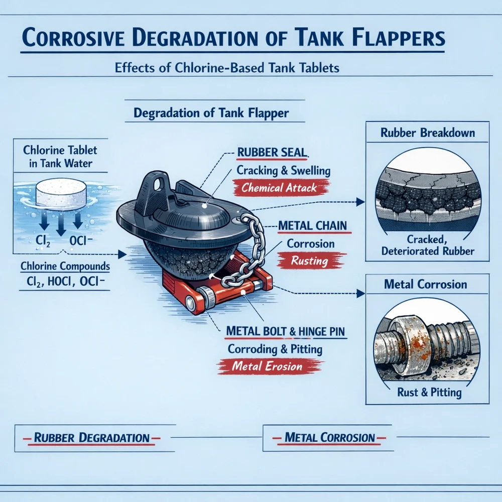 Technical diagram of 'Corrosive Degradation' in tank flappers. illustrates how chlorine-based tank tablets chemically erode rubber seals and metal hardware. Engineering schematic with strike-through markers, clinical blue background.