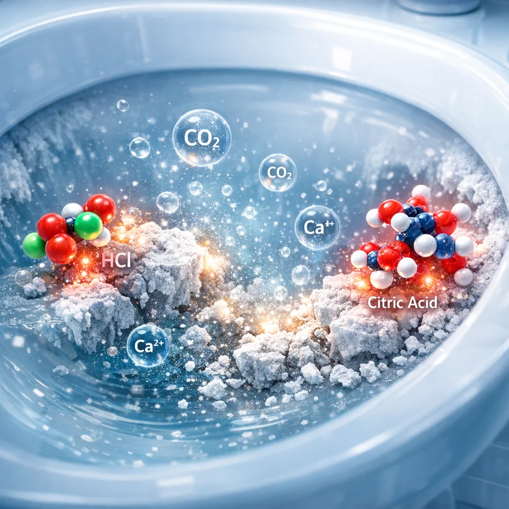Molecular visualization of 'Acidic De-scaling'. shows hydrochloric or citric acid molecules aggressively dissolving calcium carbonate scale in the bowl. High-tech medical animation style, glowing chemical particles, clean lab aesthetic.
