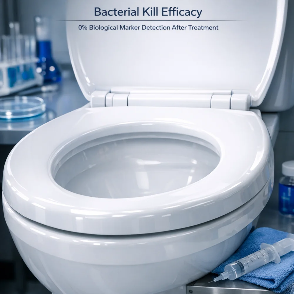 Laboratory photograph of 'Bacterial Kill Efficacy'. shows a toilet surface showing 0% biological marker detection after treatment with a specialized germicidal gel. High-tech medical photography, professional lighting, 8k.
