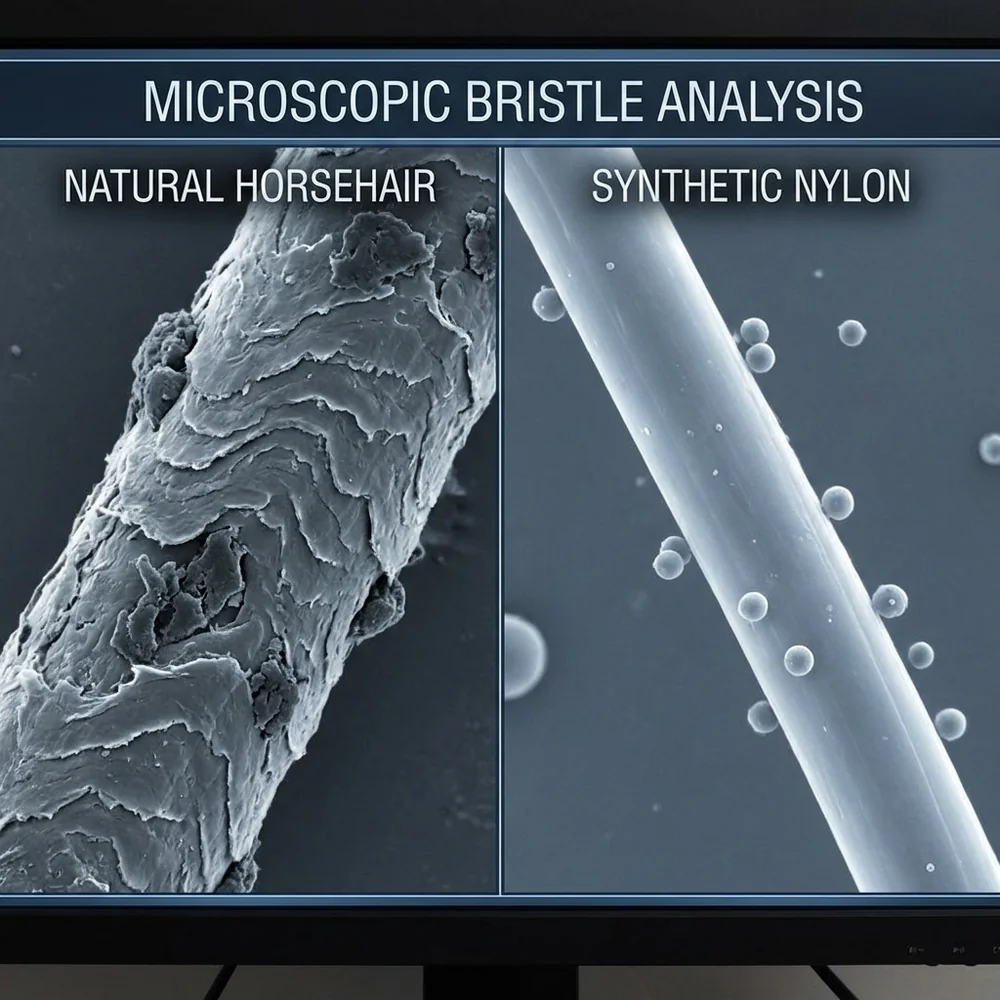 Magnified comparison of natural horsehair bristles versus smooth synthetic plastic bristles.
