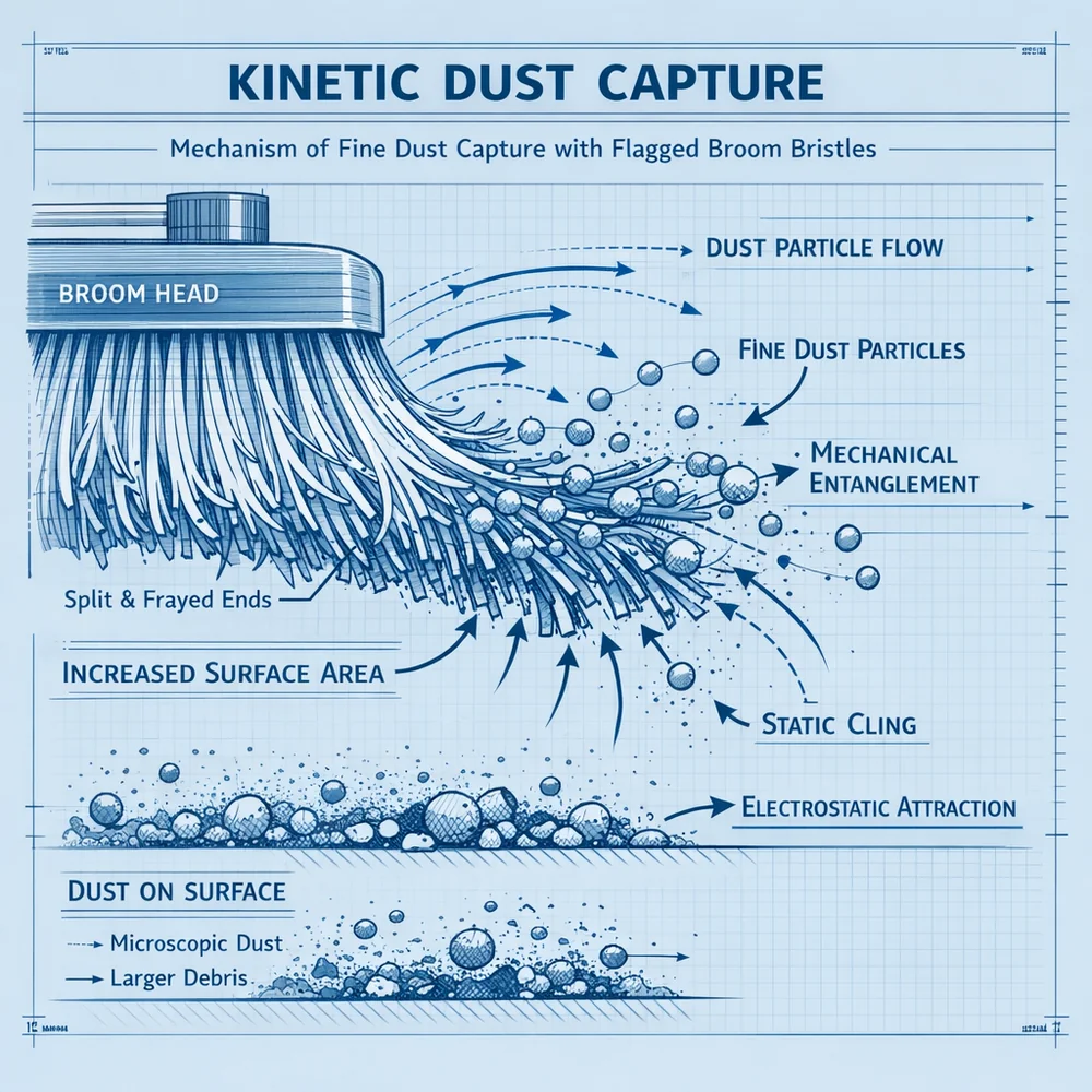Technical diagram of 'Kinetic Dust Capture'. illustrates how a broom's 'flagged' (frayed) ends increase surface area for capturing fine dust through mechanical entanglement. Engineering schematic, particle vectors, clinical blue background.