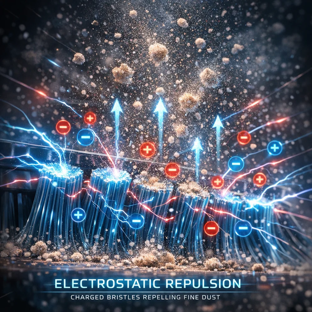 Molecular visualization of 'Electrostatic Repulsion' in synthetic brooms. shows how plastic bristles can generate static charge that pushes fine dust into the air. High-tech medical animation style, glowing electrical fields, cautionary tone.