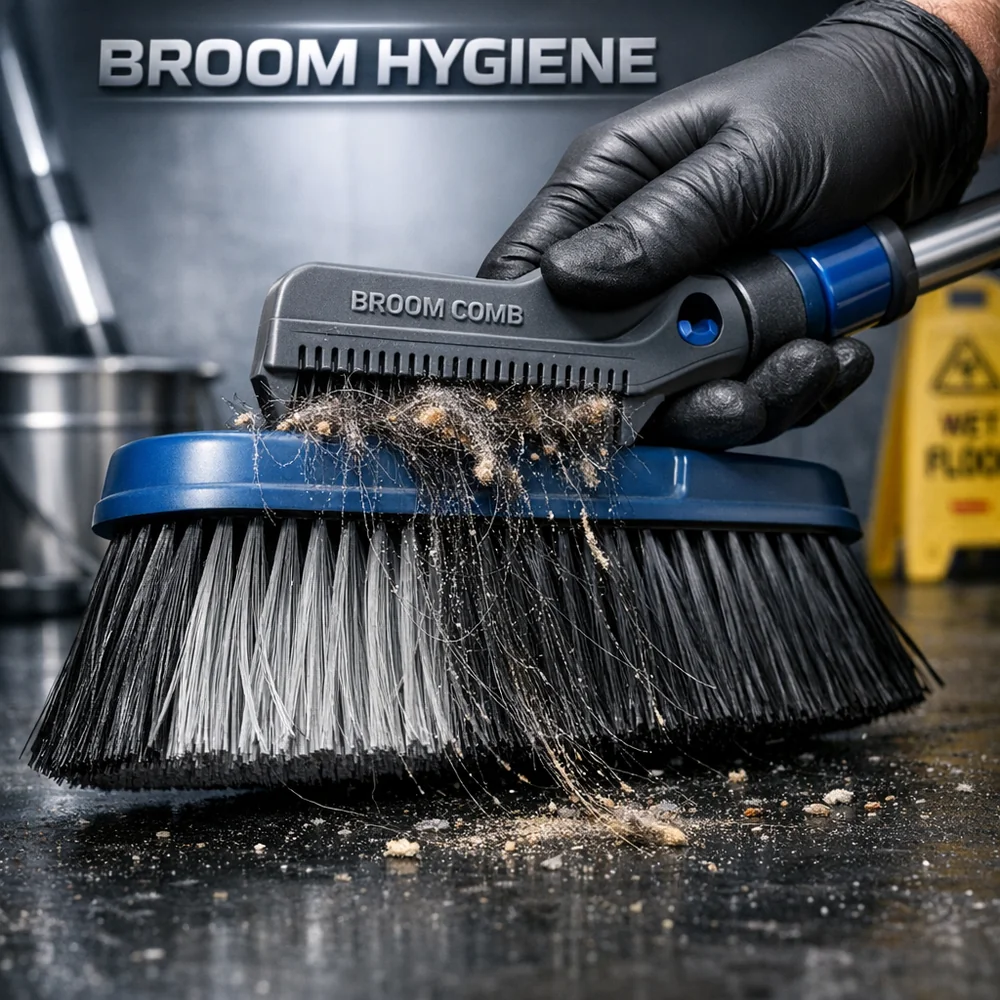 Professional setup of 'Broom Hygiene'. features a specialized broom comb being used to remove hair and debris from bristles. High-tech industrial photography, professional lighting, 8k resolution.
