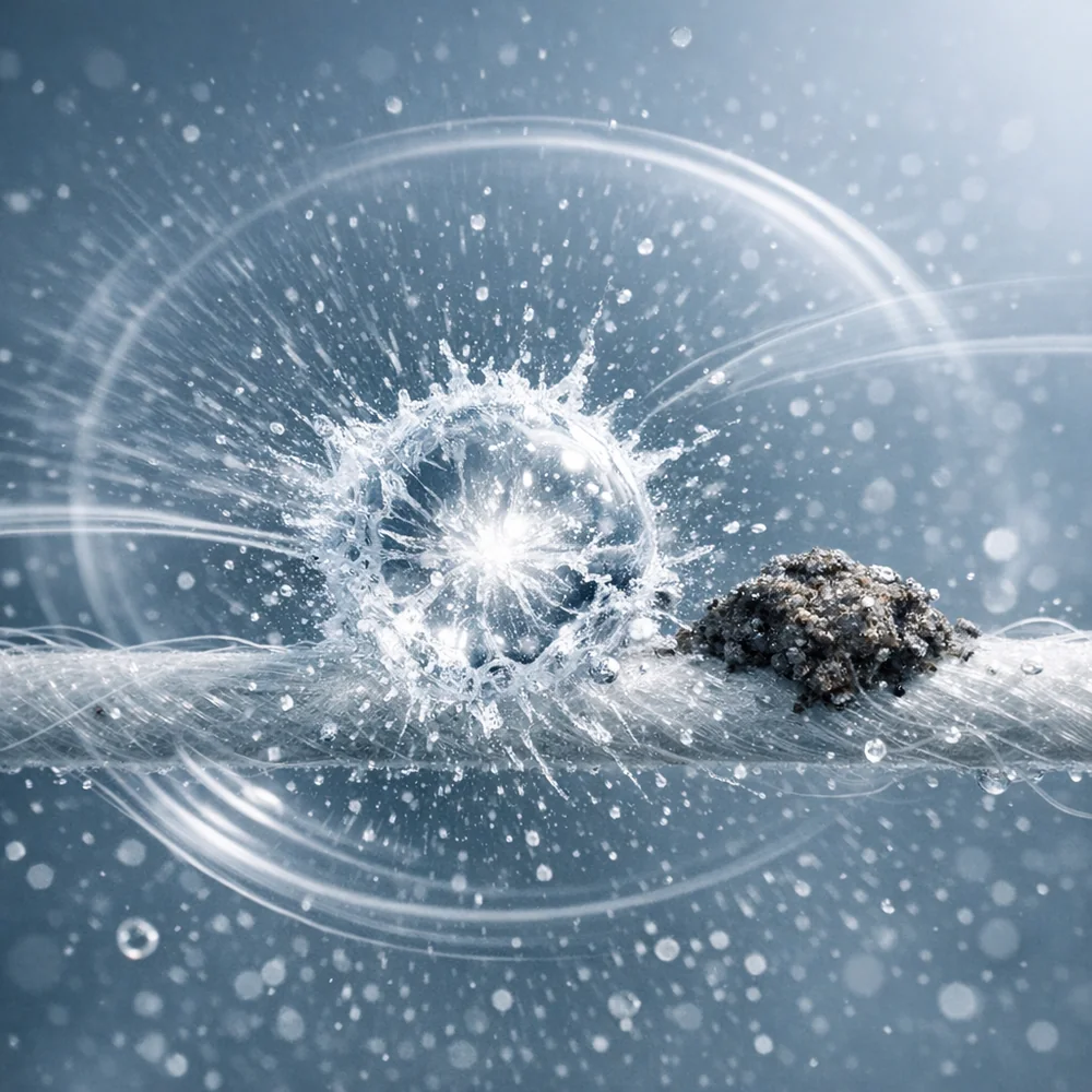 High-speed scientific photography capturing the moment of acoustic cavitation: a microscopic vacuum bubble imploding near a dirt particle on a fiber. Fluid dynamics, visible shockwaves, clinical aesthetic.