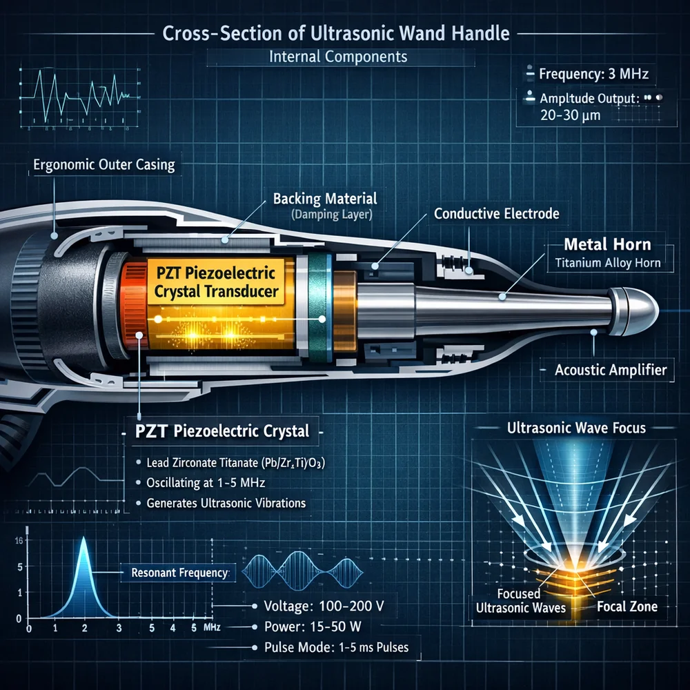 Cross-section of an ultrasonic wand handle showing the PZT piezoelectric crystal transducer connected to a metal horn. Scientific engineering diagram, technical data overlay, 4k.
