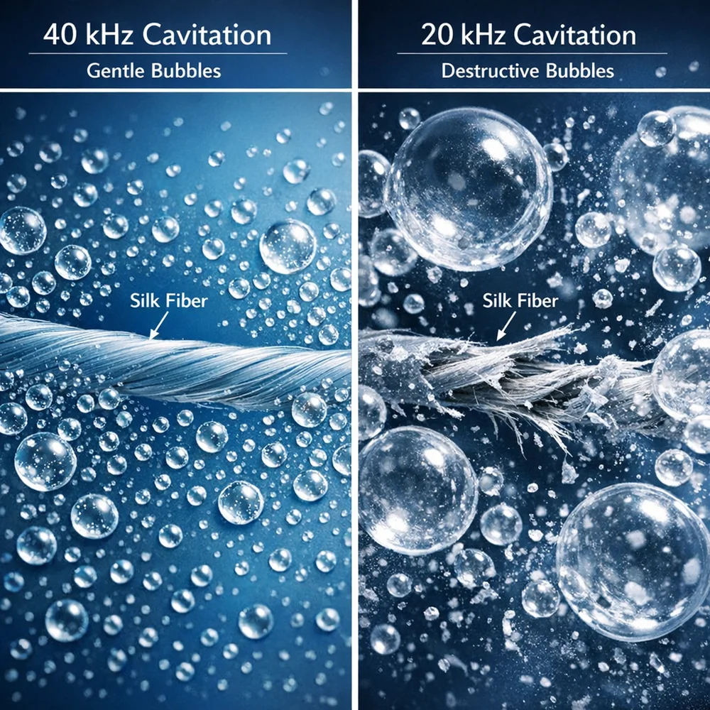 Microscopic comparison of 40kHz cavitation (small, gentle bubbles) vs 20kHz cavitation (large, destructive bubbles) interacting with a delicate silk fiber. Scientific visualization, clinical lighting.