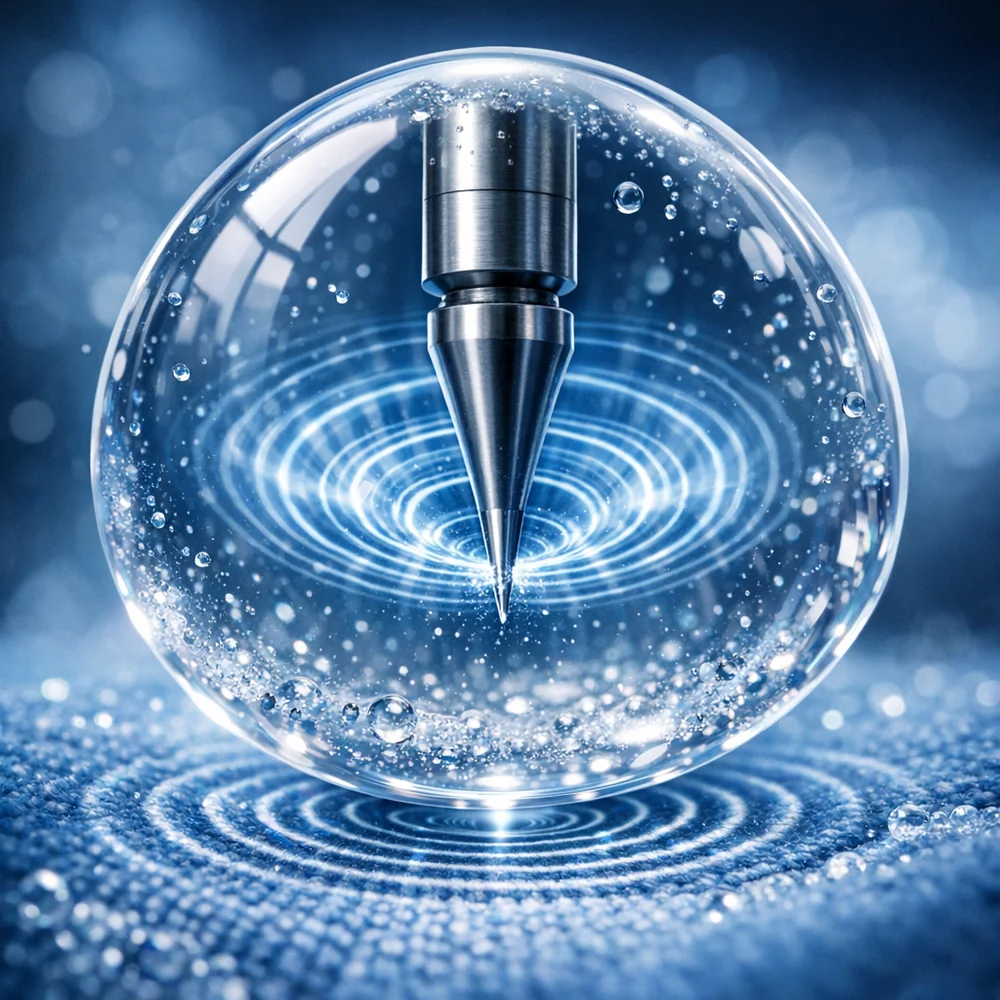 A titanium ultrasonic tip 'floating' just above a fabric surface within a droplet of liquid detergent. Visible pressure waves radiating from the tip. High-tech medical visualization, 8k resolution.