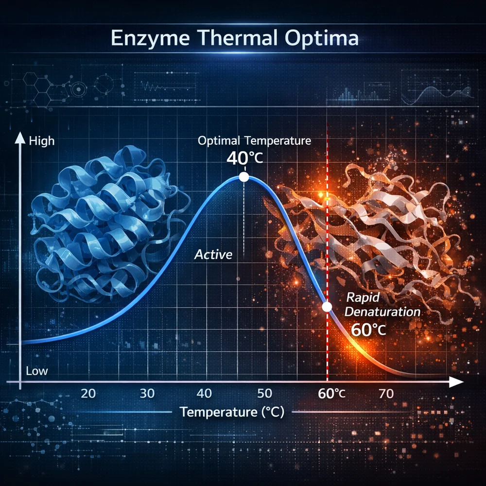 Scientific graph showing the 'Enzyme Thermal Optima' curve: peak activity at 40C followed by rapid denaturation at 60C. The background shows a 3D protein structure unfolding. High-tech medical aesthetic, professional data visualization.