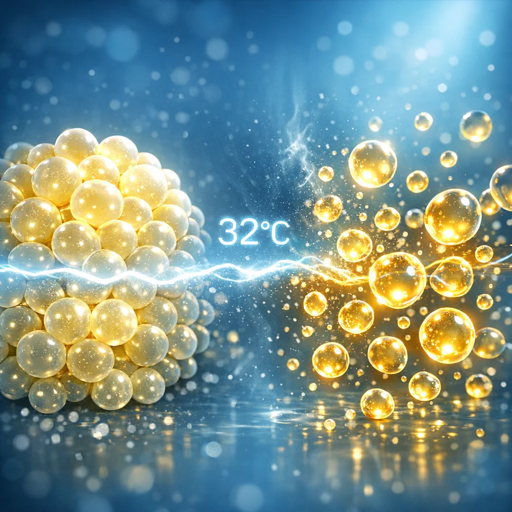 Molecular visualization of human sebum (body oil) transitioning from a solid wax to a liquid state at 32C. High-tech medical animation style, glowing lipid molecules, clinical blue background, 4k.