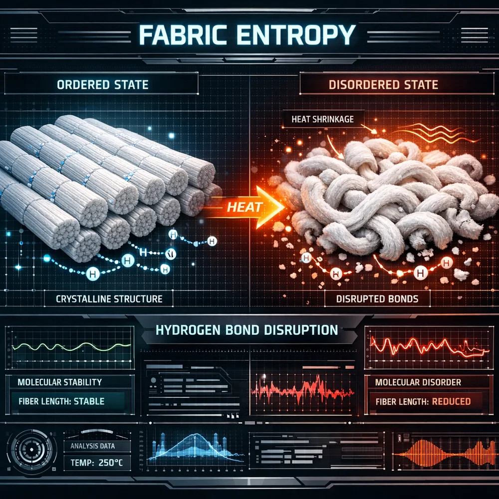 3D visualization of 'Fabric Entropy': cotton fibers losing their ordered crystalline structure and relaxing into a shorter, disordered state (shrinkage) due to high heat. Visual representation of hydrogen bond disruption. High-tech interface style, clinical tone.